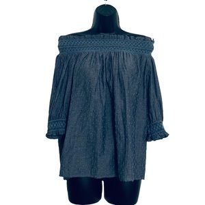 Ann Taylor LOFT Off The Shoulder Boho Peasant Denim Blouse Ruffle Pirate Top M